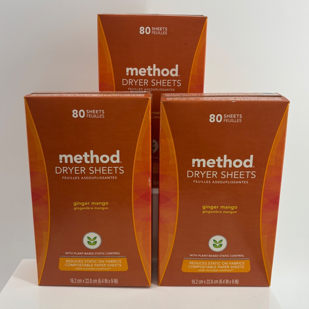 Method Dryer Sheets Ginger Mango 80 Count 3 Pack 240 Total Sheets Laundry Bundle